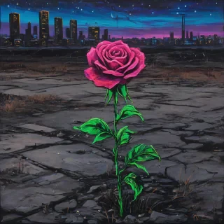A neon-colored painting of a single rose in a desolate, post-apocalyptic wasteland, with visible brushstrokes and a sloppy, expressive style reminiscent of Starry Night, as seen in a vibrant, electric hue reminiscent of a cityscape at dusk.