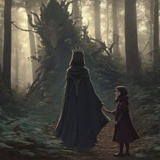 2d cartoon animation art style of a woodland guardian with a crown of wood and a cloak of dark leaves, the guardian is holding its hand out to a young girl, the girl has short hair and her back is turned to the camera, fantasy vibes, forest setting, dark lighting, glowing eyes, deep shadows, digital painting aesthetic, 2d imagery, limited color palette of mostly greys and browns, simple character and setting design, simple shapes, 2d drawn look