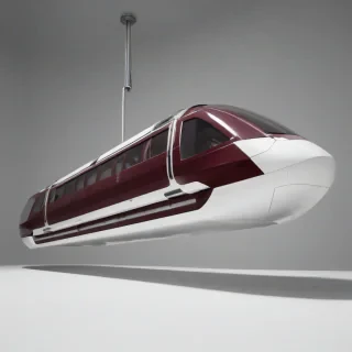 A futuristic, burgundy-colored, brutalist-style monorail, with a wide shot, full-body view, on a plain white background, with dynamic shadows, and a hard rim light, incorporating a sense of industrialism and modernity, with clean lines, and a minimalist aesthetic, on a plain white background, even lighting 
