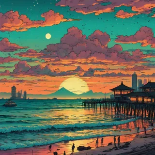 Vintage Synthwave Ukiyo-e sunset over calm turquoise ocean, distressed neon green and neon orange clouds, old water city in distance, beachfront pier with old lanterns