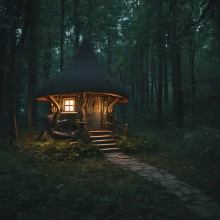 a realistic fairy house in the woods at night