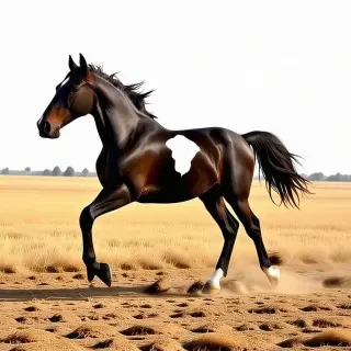 black and white horse full body galloping in a meadow