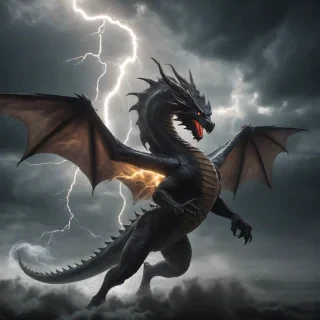 A majestic, glowing dragon soaring through a stormy, dark sky with lightning illuminating its scales, set against a plain white background, full-body view, wide shot, with dramatic shadows and dynamic lighting, in a fantasy, digital art style
