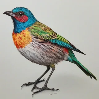 hand-drawn style colorful bird. bright and vivid colors, on a plain white background, even lighting