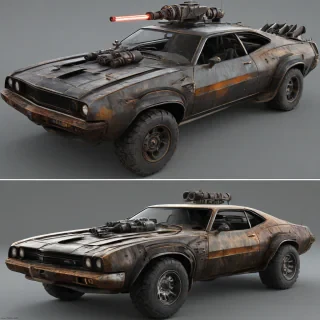 A post-apocalyptic futuristic muscle car inspired by Mad Max and cyberpunk design — heavily armored and weathered, aggressive silhouette, exposed mechanical parts and turbine intakes, asymmetric armor plating, glowing neon accents integrated into rusted panels. Mounted on the roof is a retractable high-energy laser cannon with scorched metal around the emitter. Mix of old worn-out steel and futuristic alloy materials. Wide off-road tires, spiked rims, exhaust pipes, dust and scratches. Desert-ready, rugged but high-tech. Realistic hard-surface geometry, UV-unwrapped, PBR-ready (albedo, metallic, roughness, normal, emissive, AO). Provide FBX or GLTF model with separate material slots for body, armor, glass, rubber, and laser. Include front, side, and top renders on neutral lighting., on a plain white background, even lighting