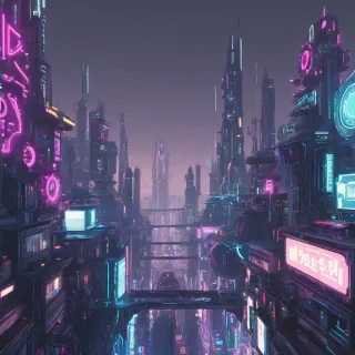 Lunarpunk city, wide shot, neon lights, full-body view, plain white background, cyberpunk elements