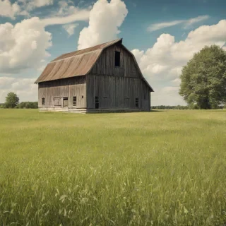 A old, rustic, wooden barn with a gambrel roof, weathered to a soft grey, standing alone in a green meadow with a few trees, under a clear blue sky with puffy white clouds, full-body view, wide shot, feet visible, digital art style, with warm lighting and dynamic shadows