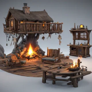 A majestic, isolated, floating island with 3D animation cartoon style of the inside of a hunter's cabin, with a warm and cozy atmosphere, featuring a fireplace, wooden furniture, and hunting gear, bright lighting, on a plain white background, even lighting