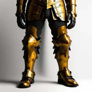 A full-body view of a highly detailed, amber-colored, medieval knight's armor, with intricate engravings and a glossy finish, on a plain white background, in a wide shot, with the armor's feet visible, in the style of a digital illustration, with dynamic shadows and a hard rim light