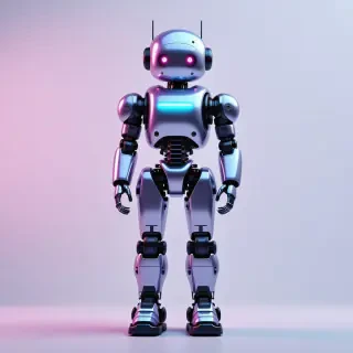 A futuristic robot named Olive, with a metallic body and neon blue accents, standing in a wide shot with its feet visible, set against a plain white background, in the style of Synthwave art, with vibrant pink and purple hues, and a sense of dynamic movement, as if Olive is about to spring into action, with a hint of nostalgic 80s flair