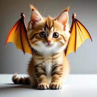 A cute, fluffy kitten with small, colorful dragon wings, in a full-body view, with its feet visible, on a plain white background, with a warm, soft light and a slight glow around the wings, in a digital art style with bold lines and vibrant colors