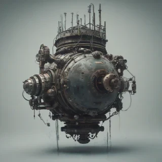 A full-body view of an underwater mine in a hydropunk style, with a dark and gritty aesthetic, intricate details, and a sense of industrial decay, set against a plain white background, with a wide-angle shot and dramatic lighting, in the style of a digital illustration, on a plain white background, even lighting 