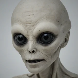 Extraterrestrial head, with large black eyes, on a plain white background, even lighting