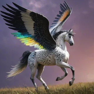 A full-body view of a majestic pegasus with a shiny black and white spotted coat and iridescent wings, set in a field, in a digital art style with vibrant colors and dynamic lighting, with the pegasus proudly standing with its wings spread wide