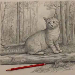 Da Vinci style sketch of a cat on a log with red pencil ink, serene forest background