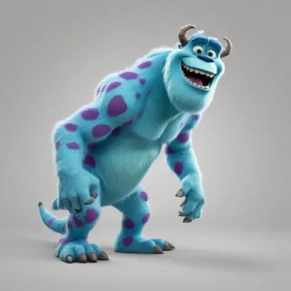 A full-body view of Sully from Monsters Inc., a large, furry, blue monster with purple spots and big teeth, standing on a plain white background, with a wide-angle shot, and dynamic shadows, in a digital art style, on a plain white background, even lighting 