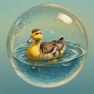 Sam Guay-inspired art of a duckling in a vibrant iridescent bubble filled 1/4 with water, with a bright yellow body, small yellow beak, and yellow feet floating on the water's surface, surrounded by a subtle gradient of pale blue and soft yellow hues.