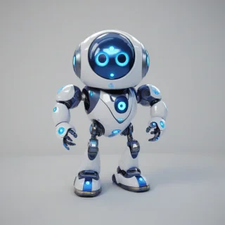 A cute, small, shiny, blue and white video game robot with a round body, big round eyes, and a smiling face, standing in a full-body view with its feet visible, on a plain white background, in a digital art style with bold lines and bright colors, with a wide-angle shot and soft lighting, on a plain white background, even lighting, on a plain white background, even lighting 