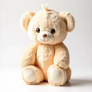 A cute, full-body view of a stuffed animal, with a soft and fluffy texture, sitting on a plain white background, with a wide-angle shot, and a bright, warm lighting, in a digital art style, with a focus on the stuffed animal's endearing facial expression