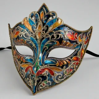 A detailed, full-body view of a multicolored glass masquerade mask, with intricate designs and patterns, on a plain white background, with bright, vibrant colors, and a wide-angle shot to capture the entire mask, on a plain white background, even lighting
