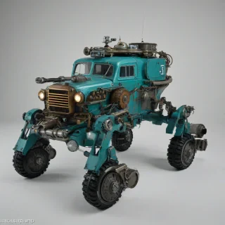 Teal dieselpunk rover, full-body view, on a plain white background