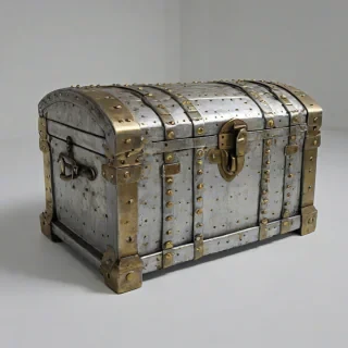 highly detailed iron chest with brass straps, rivets, and clasps, bright lighting, metallic sheen, wide angle shot, chest fully visible, on a plain white background, even lighting
