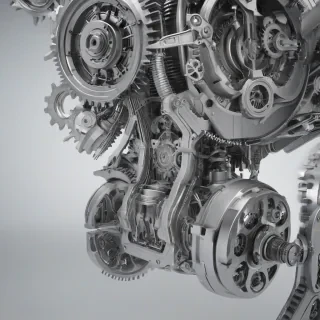 A futuristic, gray, industrial gadget with metallic surfaces, visible wires, and a complex system of gears and pistons, set against a plain white background, in a wide shot with the gadget's entire body visible, rendered in a highly detailed, photorealistic style with sharp lines and dynamic shadows, on a plain white background, even lighting 