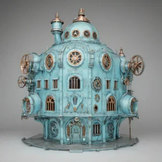 full-body view of a steampunk building, sky blue color, wide shot, plain white background