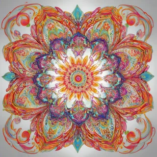 A vibrant, full-body view of a psychedelic flower, vibrant neon colors, with intricate details and patterns, set against a plain white background, in the style of digital art, with dynamic shadows and backlight, and a wide-angle shot