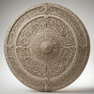 A highly detailed, full-body view, concept art of a large, ivory shield with intricate carvings and ornate designs, set against a plain white background, with a wide-angle shot and soft, diffused lighting to emphasize the texture and pattern of the shield