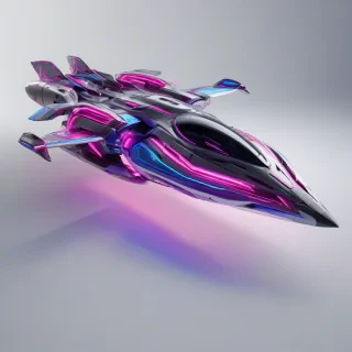 A futuristic space craft with a sleek, metallic body, illuminated by vibrant neon pink, purple, and blue colors, with a full-body view, set against a plain white background, in a wide shot, with dynamic shadows and a slight backlight, in a digital art style, on a plain white background, even lighting, on a plain white background, even lighting 