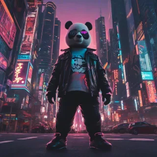 A futuristic cyberpunk cityscape at dusk with a giant panda wearing a leather jacket and sunglasses, standing in the middle of a busy street, surrounded by neon lights and towering skyscrapers, with a wide-angle shot and dynamic shadows, in a digital art style with a focus on bold lines and vibrant colors, full-body view of the panda with its feet visible, on a plain white background