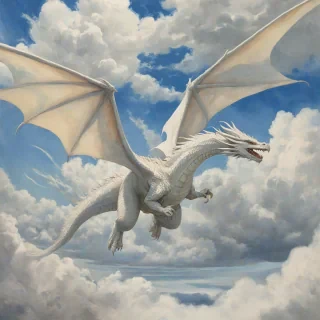 Watercolor of a large beautiful white dragon flying in the large, open blue sky, with fluffy white clouds