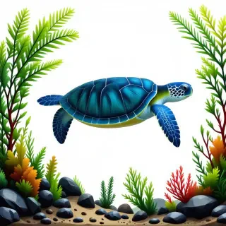 blue turtle with green shell swimming through sea kelp