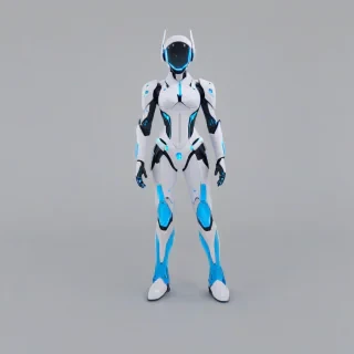 A futuristic, white, anime-style gadget with sleek lines and vibrant blue accents, full-body view, on a plain white background, with a wide-angle shot, and dynamic shadows, in a digital art style, on a plain white background, even lighting