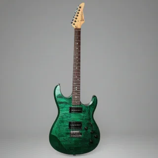 Emerald green grunge style electric guitar, full-body view, on a plain white background