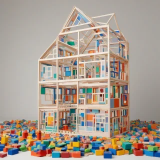 A wide shot of a full-size house frame, only showing the frame of the house, made entirely of colorful kids' wooden toy blocks, with a plain white background, in a digital art style with bold lines and vibrant colors, with the blocks stacked neatly and precisely to form the shape of a house, including outline of walls, windows, and a roof, with a bright and playful atmosphere, on a plain white background, even lighting 