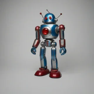 A full-body view of a vintage toy robot with a metallic body, blue and red accents, and a distinctive dome-shaped head, standing on a plain white background, with a wide-angle shot and soft, warm lighting, in the style of a nostalgic illustration from the 1950s, on a plain white background, even lighting 