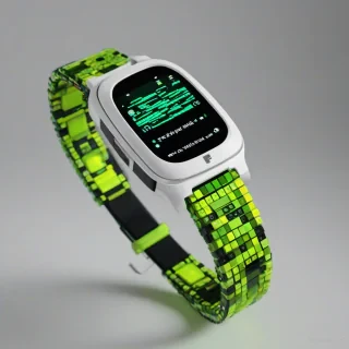 A close-up view of a wearable gadget named Olive, depicted in a vibrant pixel art style, with a futuristic design and bright green accents, on a plain white background, with the gadget's interface visible, featuring a high-contrast color scheme and bold pixelation, in a digital art style with a mix of straight and curved lines, and a sense of depth and dimensionality