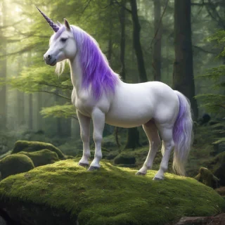 A majestic white unicorn with a vibrant purple mane and tail, standing proudly on a large, moss-covered rock in a full-body view, with its feet visible, in a forest, in a fantasy, dreamlike illustration style with soft, delicate lines and subtle shading