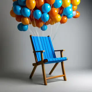 A blue lawn chair floating up by dozens of colorful balloons