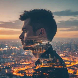 double exposure photography of a man and a sunset city