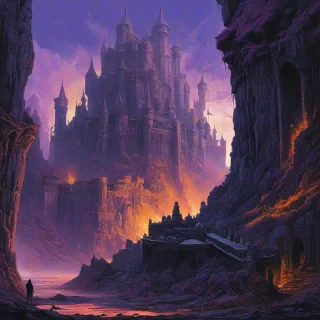 Digital art of something impenetrable, include a giant fortress, a large slumbering creature guarding the fortress, and a scene bustling with details, accent purple, pink, orange, and blue colors, Michael Whelan and Jeremy Mann influenced art styles
