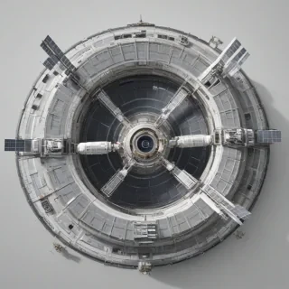 A space station, Slate, in a photorealistic style, with a wide shot, full-body view, on a plain white background, with metallic surfaces, and a sense of depth, with intricate details, and realistic lighting