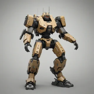 A full-body view of a tan, brutalist mech suit, with a rugged, industrial design, standing on a plain white background, with a wide shot, and dynamic shadows, in a digital art style, with a focus on the mech suit's metallic texture and brutalist architecture-inspired details, and a sense of power and strength emanating from it, on a plain white background, even lighting