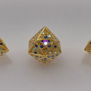 gold, octahedron, with pink and blue sapphires covering the octahedron, bright lighting, wide angle shot, on a plain white background, even lighting