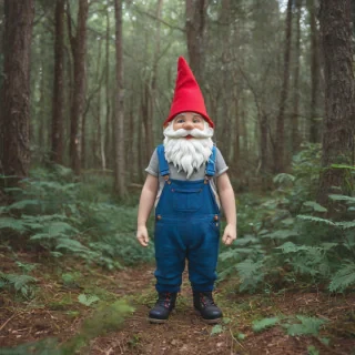 A full-body view of a gnome with a red hat, white beard, and blue overalls, standing in a fun forest background, with a wide-angle shot and soft, natural lighting, in the style of a whimsical digital illustration