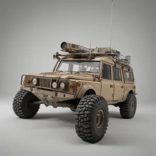 A single tan, brutalist-style rover, with sharp edges and a rugged exterior, highly detailed, full-body view, wide shot, ultra realistic, on a plain white background, even lighting, on a plain white background, even lighting 