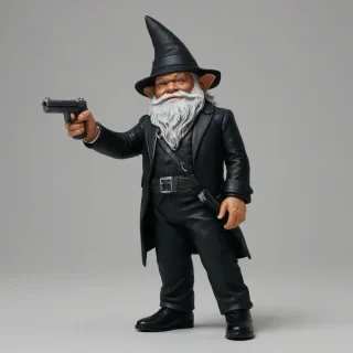 Gnome version of Samuel L. Jackson in a black suit, wearing a pointed hat, holding a pistol outstretched, on a plain white background with even lighting.