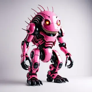 A large, pink, industrial monster with metallic scales and glowing red eyes, standing in a wide shot with its feet visible, set against a plain white background, in a digital art style with dynamic shadows and a hard rim light
